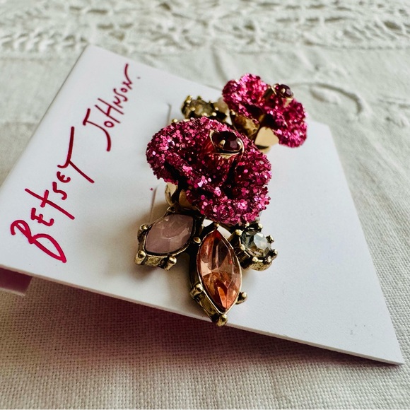 Betsey Johnson Glittering Pink Rose Earrings - Picture 3 of 5